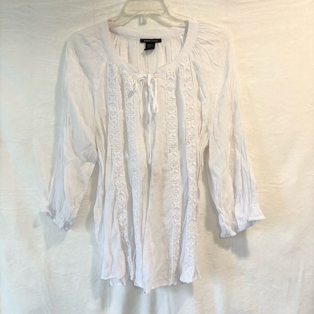 Robert Louis White Peasant Blouse – 1X – Cottagecore Boho Romantic
